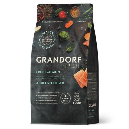 Grandorf Fresh Cat Adult Sterilised  &amp; Maxi Salmon  &amp; Sweet Potato Сухой корм беззерновой с живыми пробиотиками для взрослых и пожилых стерилизованных кошек Сухой корм беззерновой с живыми пробиотиками для здоровья кожи и шерсти, с ЛОСОСЕМ и бататом