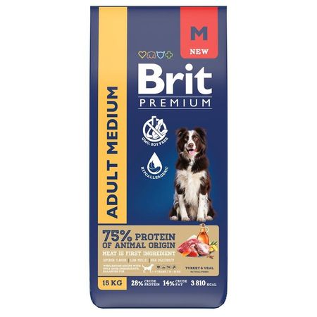 Brit Premium Dog Adult Medium сухой корм для взрослых собак средних пород 10-25 кг с индейкой и телятиной - 15 кг 5820₽