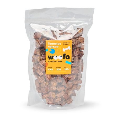 Woofa лакомство для собак, говяжье легкое, кусочек 1,5 на 1,5 см - 100 г
