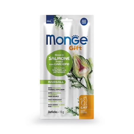 Monge Gift Hairball лакомство для кошек Мягкие палочки с лососем и артишоком для вывода шерсти - 15 г 163₽