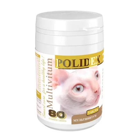 Polidex Multivitum витамины общеукрепляющие для кошек 1 таблетка на 4 кг веса - 80 таб 872₽