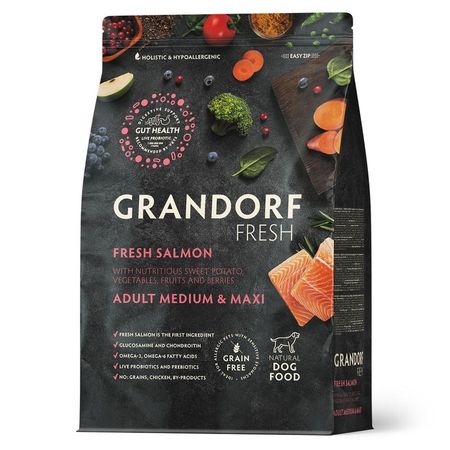 Grandorf Fresh Grain Free Dog Adult Medium  &amp; Maxi Salmon  &amp; Sweet Potato Сухой корм беззерновой с живыми пробиотиками для взрослых собак средних и крупных пород с ЛОСОСЕМ и бататом - 1 кг