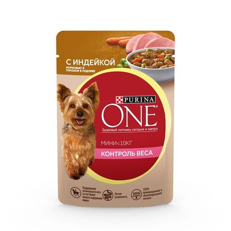 Purina One Mini Контроль веса для собак мелких пород склонных к набору веса с индейкой морковью и горохом в подливе в паучах - 85 г 1170₽