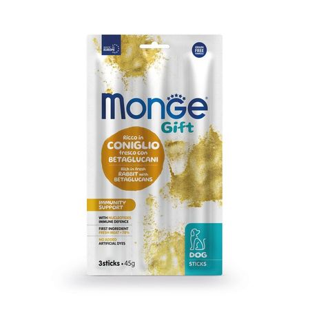 Monge Gift Immunity Support лакомство для собак всех пород Мягкие палочки со свежим кроликом нуклеотидами и бета-глюканами для поддержки иммунитета - 45 г 364₽