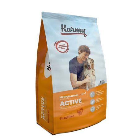 Karmy Active Medium amp Maxi полнорационный сухой корм для собак средних и крупных пород при высоких физических нагрузках с индейкой - 2 кг 986₽