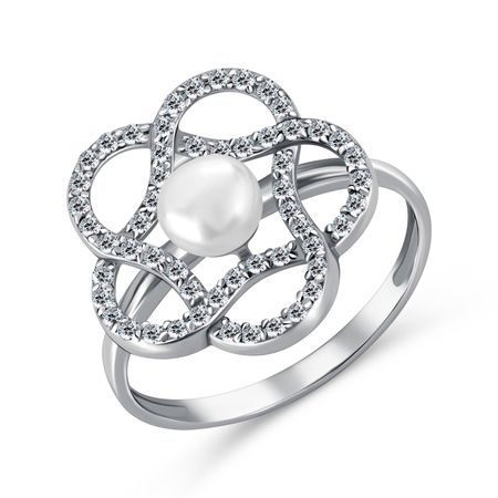 Серебряное кольцо с жемчугом и фианитами с родированием 1610₽