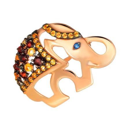 Золотая брошь Слон с цитринами и гранатом с сапфиром и черным родированием 21990₽