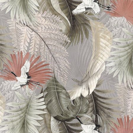 Обои Prima Italiana Volare 80474 Винил на флизелине 10610 СерыйЗеленыйРозовый ПтицыЛистья 5200₽