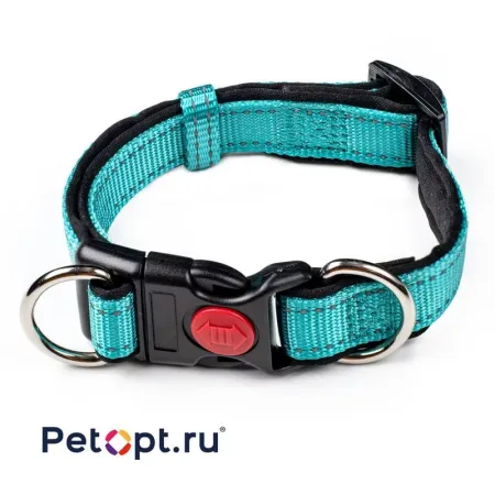 PetOpt Ошейник, нейлон светоотражающий, с неопреном и фиксатором, Аквамарин ХS 15ммХ20-30см Конструкция  "два кольца ", мягкий внутри