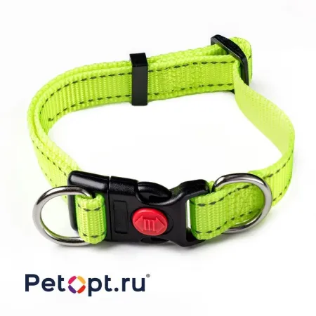PetOpt Ошейник светоотражающий нейлон регулируемый, с фиксатором, Флуоресцентный желтый ХS-15ммХ20-30см Конструкция  "два кольца ", фастекс