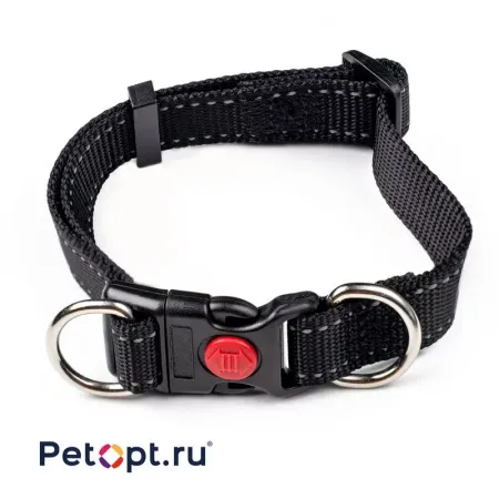 PetOpt Ошейник светоотражающий, нейлон регулируемый, с фиксатором, Черный L-30ммХ45-70см Конструкция  "два кольца ", фастекс