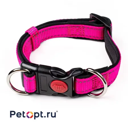 PetOpt Ошейник, нейлон светоотражающий, с неопреном и фиксатором, Розовый S 20ммХ30-40см Конструкция  "два кольца ", мягкий внутри
