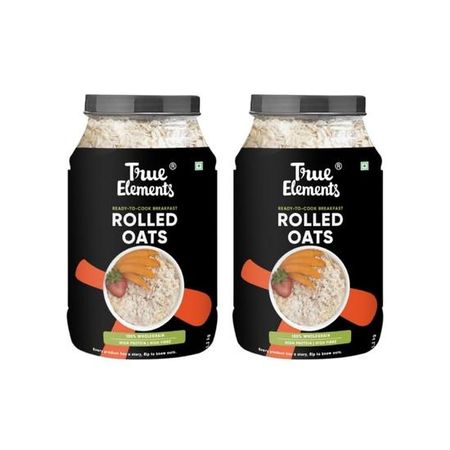 True Elements Rolled Oats - 100% цельное зерно | Диетическое питание | Хлопья на завтрак | Суперэкономный овсяный комбо-пакет | Высокое содержание клетчатки | Крупный овес 1 кг (Упаковка из 2 шт.)