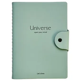 Тетрадь А5 96л кл. "Universe" мятный, иск.кожа, мягк.переплет, полускр.спираль, кнопка
