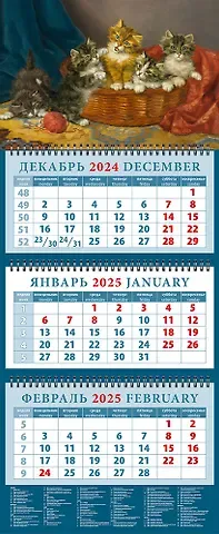 Календарь квартальный 2025г 320*760 "Котята в корзине. Дэниел Мерлин" настенный, трёхблочный, спираль