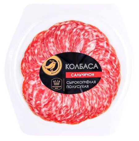 Колбаса сырокопченая полусухая АШАН Золотая птица сальчичон нарезка, 80 г