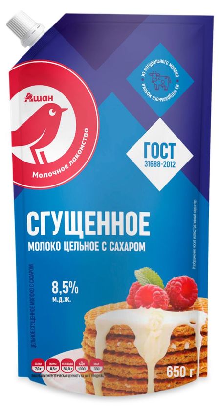 Молоко сгущенное АШАН Красная птица цельное с сахаром 8,5% ГОСТ БЗМЖ, 650 г