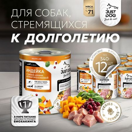 Just Dog Holistic влажный корм для собак, с ИНДЕЙКОЙ, тыквой, цукини, шпинатом и клюквой, в консервах - 340 г (1 шт)