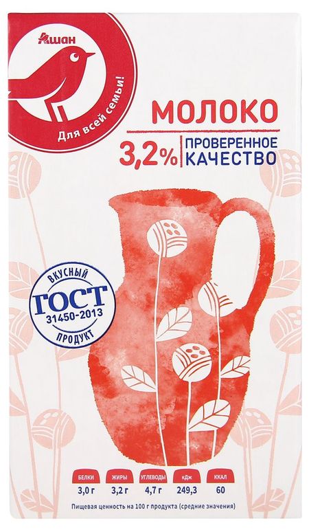 Молоко АШАН Красная птица ультрапастеризованное 3.2% ГОСТ БЗМЖ, 1 л
