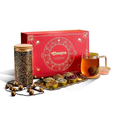 Подарочные корзины Chaayos Herbal Premium Diwali | Содержит зеленый чай с шестью натуральными ингредиентами и стальным ситечком для заваривания чая | Ароматизаторы - куркума, корица