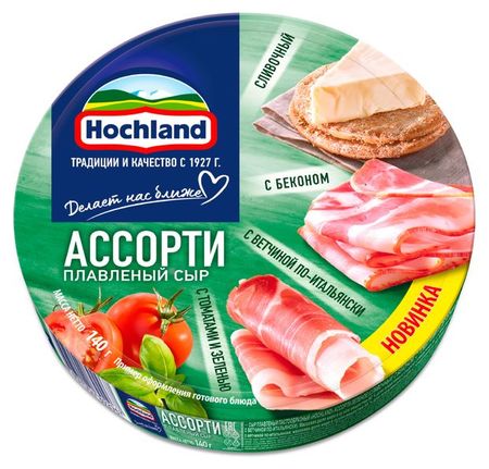 Сыр плавленый ассорти сливочный с беконом с ветчиной по-итальянски с томатами и зеленью Hochland треугольники 50% БЗМЖ, 140 г