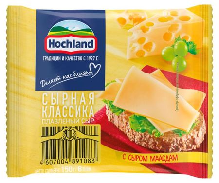 Сыр плавленый Сырная классика с сыром маасдам Hochland слайсы БЗМЖ 45%, 150 г