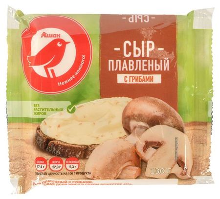Сыр плавленый с грибами АШАН Красная птица слайсы 45% БЗМЖ, 130 г