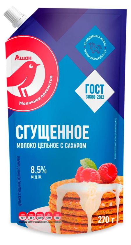Молоко сгущенное АШАН Красная птица цельное с сахаром 8,5% ГОСТ БЗМЖ, 270 г