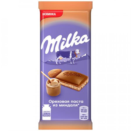 Шоколад Milka молочный с ореховой пастой из миндаля и с дробленым карамелизированным миндалем, 85 г