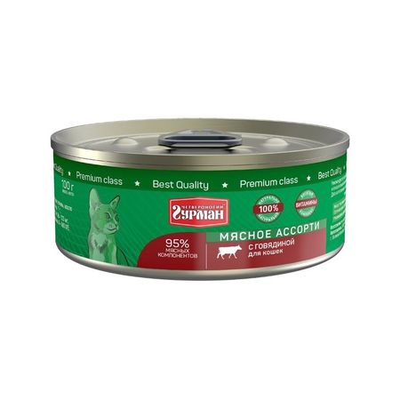 Четвероногий Гурман Мясное ассорти влажный корм для кошек фарш из говядины в консервах - 100 г 24 шт 552₽