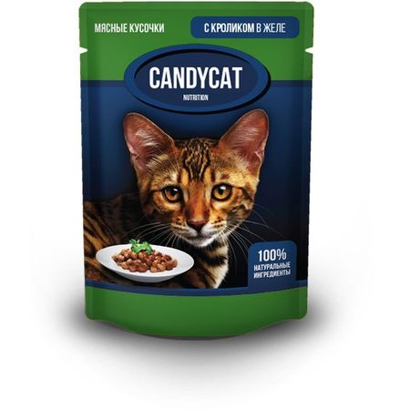 Candycat полнорационный влажный корм для кошек, с кроликом, кусочки в желе, в паучах - 85 г (24 шт) (24 шт)