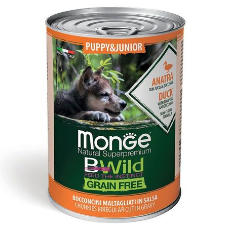 Monge Dog BWild Grain Free Puppy amp Junior полнорационный влажный корм для щенков беззерновой с уткой тыквой и кабачками кусочки в соусе в консервах - 400 г 24 шт 9264₽