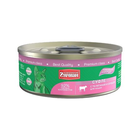 Четвероногий Гурман влажный корм для кошек суфле с телятиной и сердцем в консервах - 100 г 24 шт 2592₽