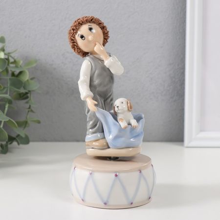Сувенир музыкальный механический «Кудрявый мальчишка с пёсиком», керамика, 8×8×17 см