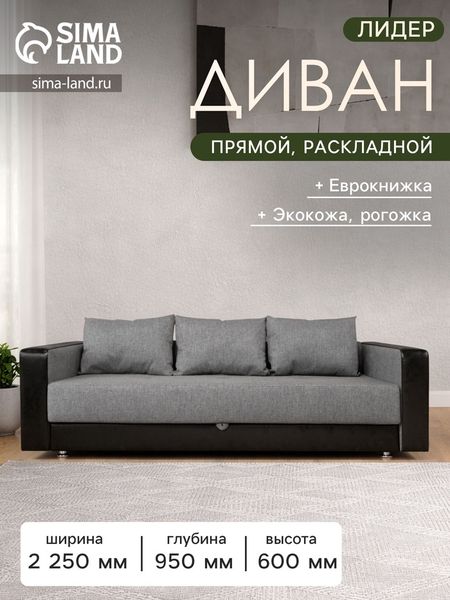 Диван прямой «ЛИДЕР», механизм еврокнижка, рогожка/экокожа, цвет ash/sunny black
