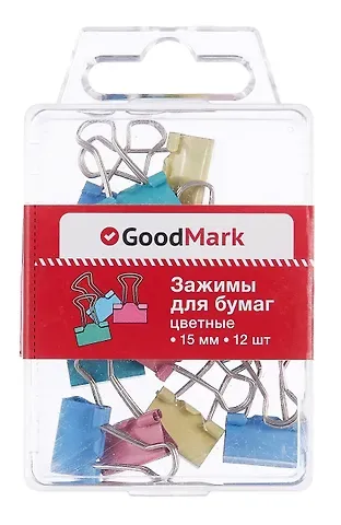 Зажимы для бумаг 15мм 12шт цветные, пл/уп, GoodMark