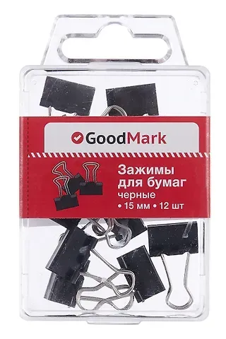 Зажимы для бумаг 15мм 12шт черные, пл/уп, GoodMark