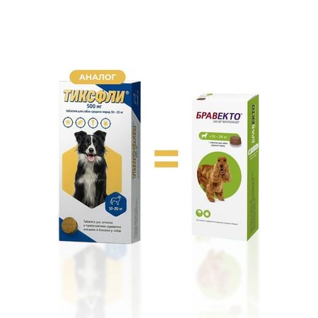Тиксфли (Бравекто) таблетки для собак средних пород 10 - 20 кг, от блох и клещей, 500 мг,1 таблетка