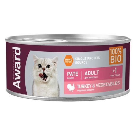 Award Pate Adult Turkey amp Vegetables влажный корм для кошек с ИНДЕЙКОЙ и овощами в консервах - 100 г 16 шт 16 шт 2376₽