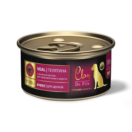 Clan De File полнорационный влажный корм для щенков с телятиной кусочки в желе в консервах - 100 г 16 шт 1194₽