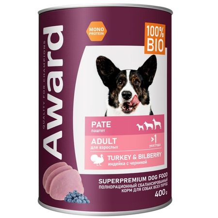 Award Pate Adult Turkey amp Bilberry влажный корм для собак с ИНДЕЙКОЙ и черникой в консервах - 400 г 12 шт 4152₽