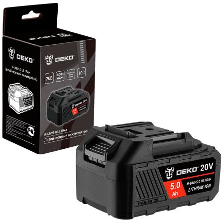 Аккумулятор Deko R-UNV5.0 ULTRA+, Li-ion, 20 В, 5.0А*ч, с повышенной токоотдачей, черный Аккумулятор Deko R-UNV5.0 ULTRA+, Li-ion, 20 В, 5.0А*ч, с повышенной токоотдачей, черный