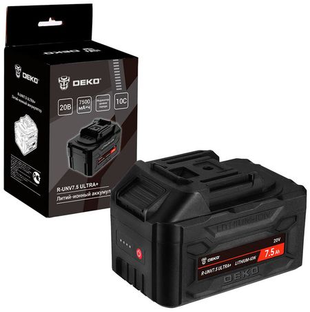 Аккумулятор Deko R-UNV7.5 ULTRA+, Li-ion, 20В, 7.5А*ч, с повышенной токоотдачей, черный Аккумулятор Deko R-UNV7.5 ULTRA+, Li-ion, 20В, 7.5А*ч, с повышенной токоотдачей, черный