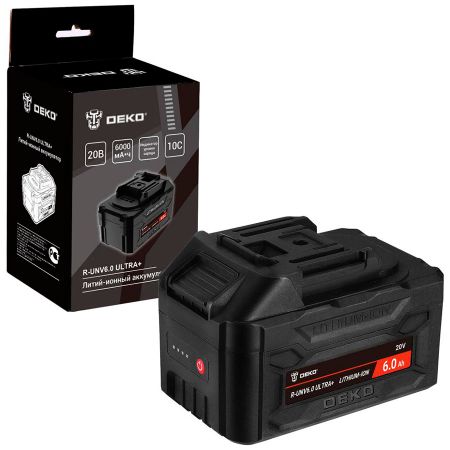 Аккумулятор Deko R-UNV6.0 ULTRA+, Li-ion, 20В, 6.0А*ч, с повышенной токоотдачей, черный Аккумулятор Deko R-UNV6.0 ULTRA+, Li-ion, 20В, 6.0А*ч, с повышенной токоотдачей, черный
