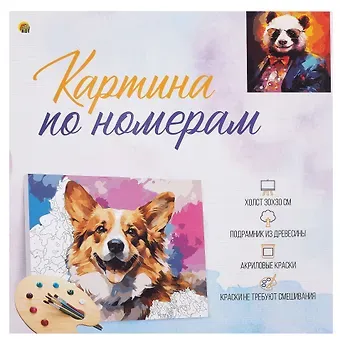 Холст с красками по номерам в коробке."Стильные животные" Модная панда 30х30, 20 цветов