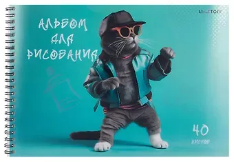 Альбом для рисования 40л А4 "Кот на стиле" гребень, мел.картон, печать по металлиз.пленке "серебро", твин-лак