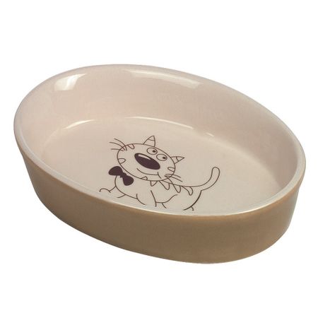 Cat керамическая низкая овал, коричневая с рис