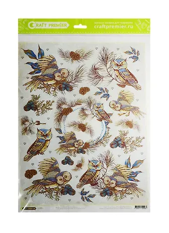 Рисовая бумага для декупажа Craft Premier Совы и шишки (CPD0588) (А3) (25г/м)