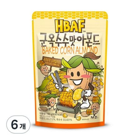 HBAF Миндаль со вкусом жареной кукурузы, 190 г, 6 штук, корейские орехи