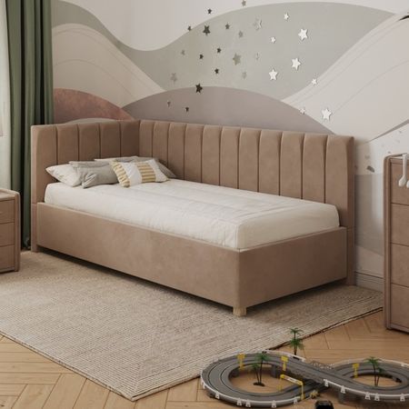 Кровать «Помпиду» с ПМ, 90×200 см, левая, премиум велюр, цвет песчаный бриз купить недорого
